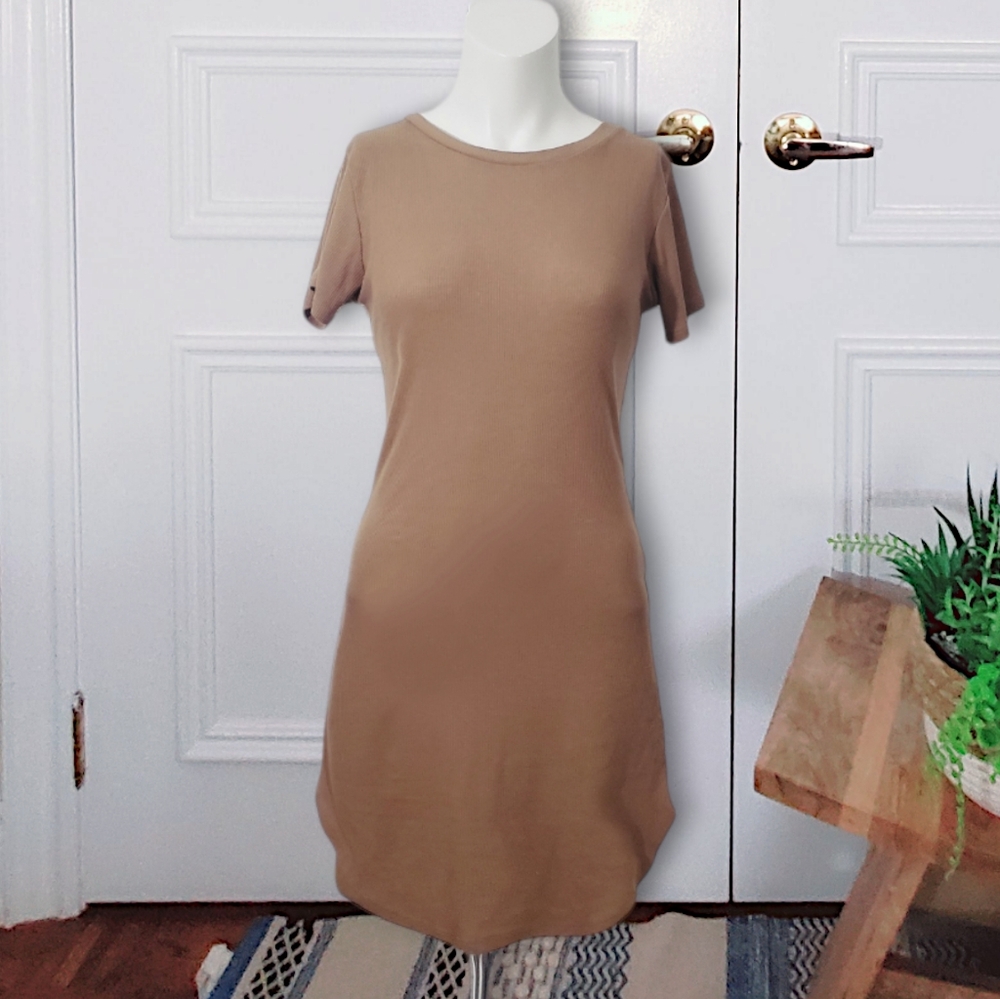 Revamped Ribbed Bodycon Curved Trim Camel T- Shirt Dress- XS